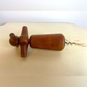 Vintage French Double Treen Wood Corkscrew, Turned Wood Tire Bouchon, Barware
